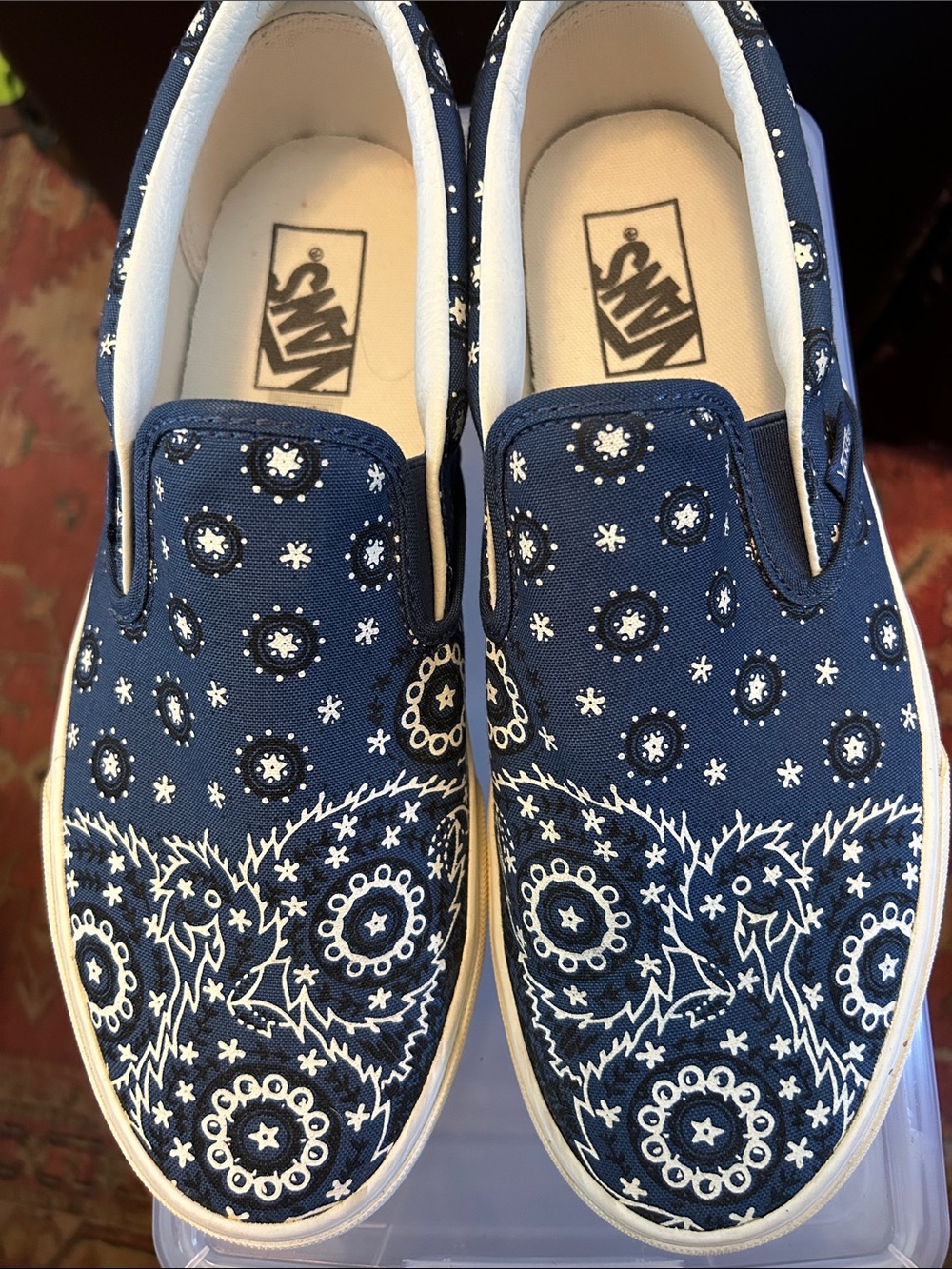 Vans Navy and White Paisley Slip-On Sneakers